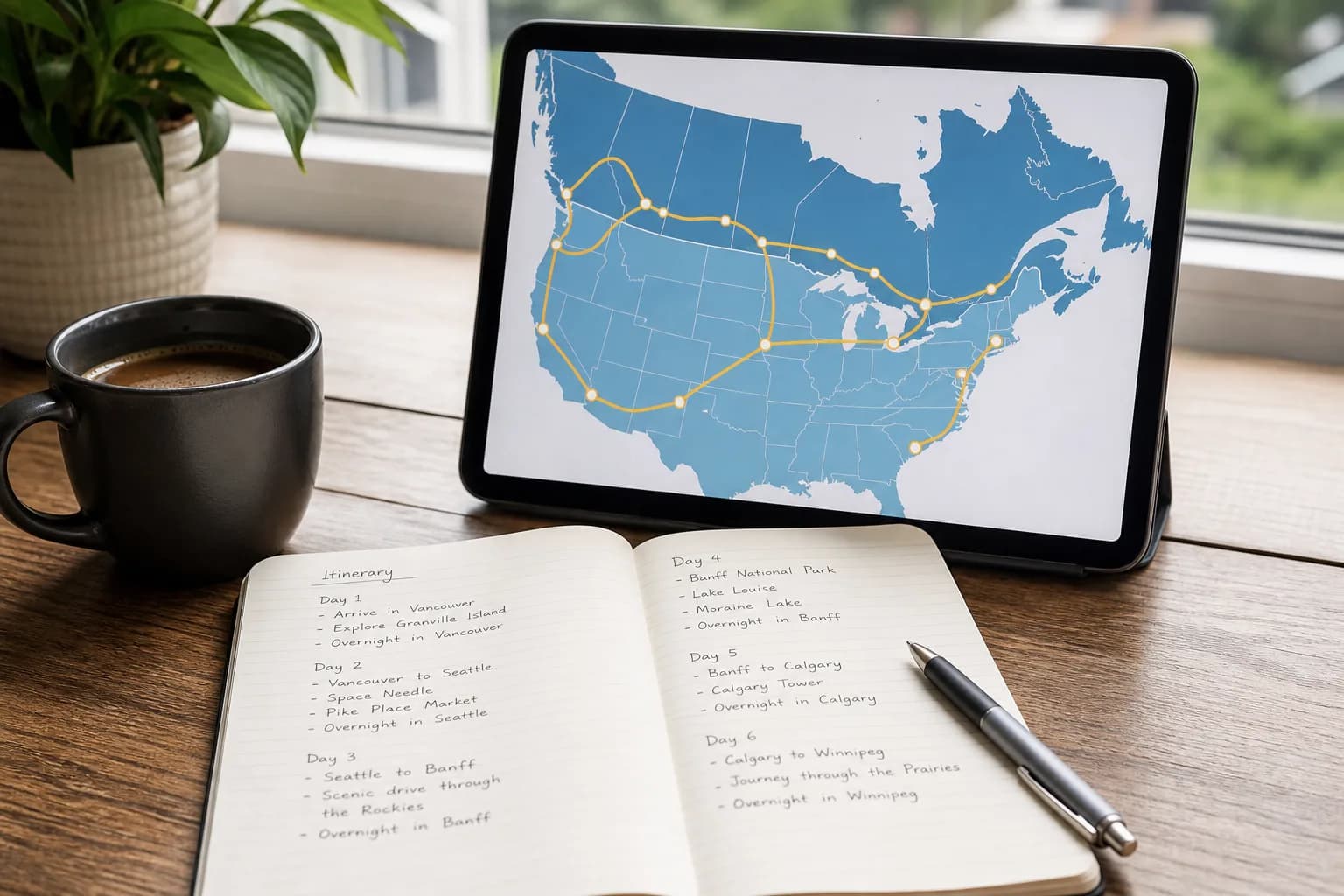 Bus 2 Ride — U.S. and Canada trip planning desk with itinerary notes